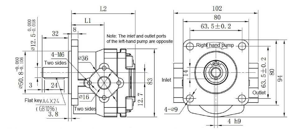 Dimensions of 4.5/5.5/6.5/7.5 GPM Hydraulic Single Gear Pump, 3600 psi
