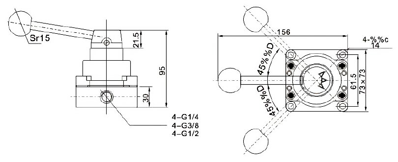 Dimensions of 4 Way 2 Position Pneumatic Hand Lever Valve