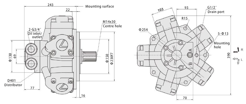 Dimensions diagram of 40 HP 400-750cc Radial Piston Hydraulic Motor, 25MPa