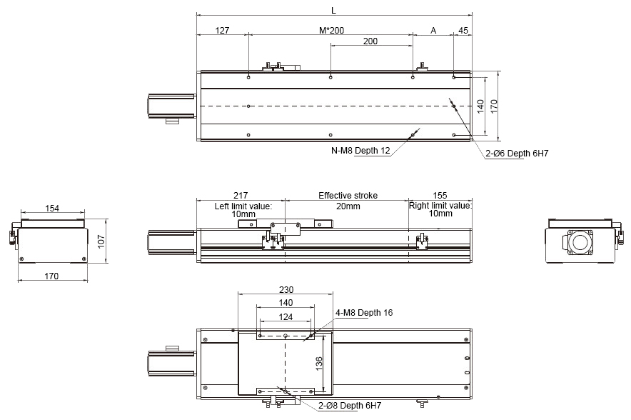 Dimensions of 400W 1250mm Ball Screw Driven Linear Slide with motor exposed