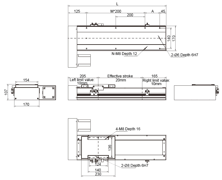 Dimensions of 400W 1250mm Ball Screw Driven Linear Slide with motor on left side