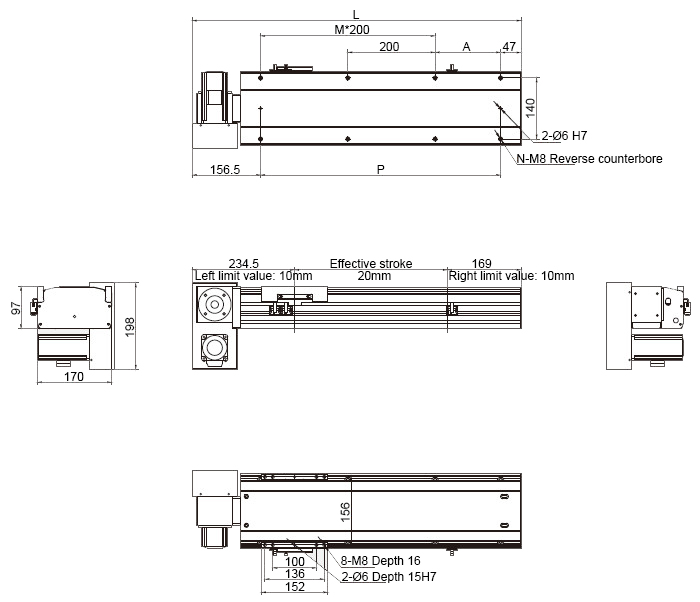 Dimensions of 400W 3050mm Belt Driven Linear Slide with motor Down to the Left