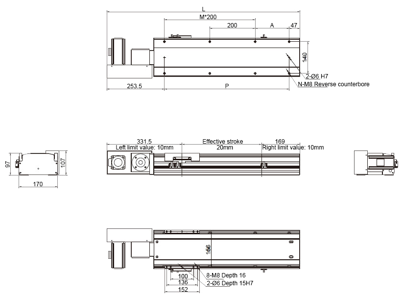 Dimensions of 400W 3050mm Belt Driven Linear Slide with motor Exposed and Left Fold
