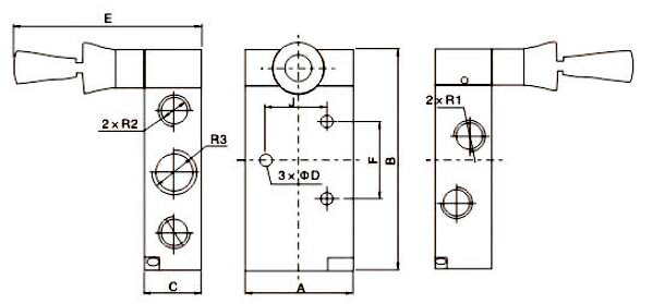 Dimensions of 5 Way 2 Position Pneumatic Hand Lever Valve