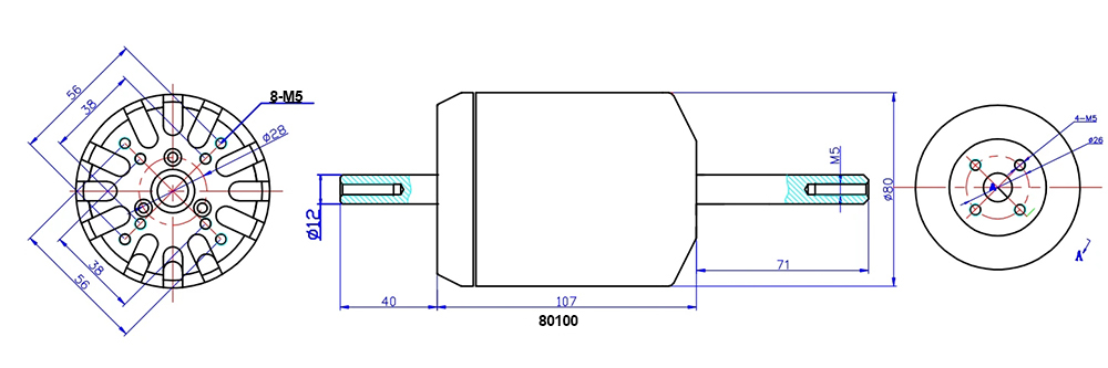 Dimensions of 7000W 130KV 14S Brushless Motor for Electric Skateboard