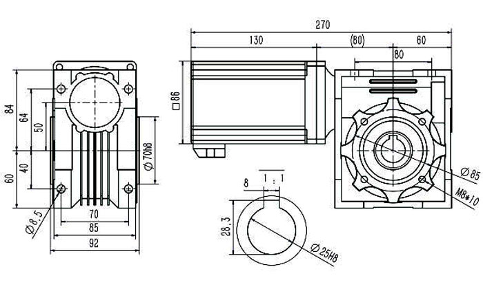 Dimensions of 750 W DC Worm Gear Motor
