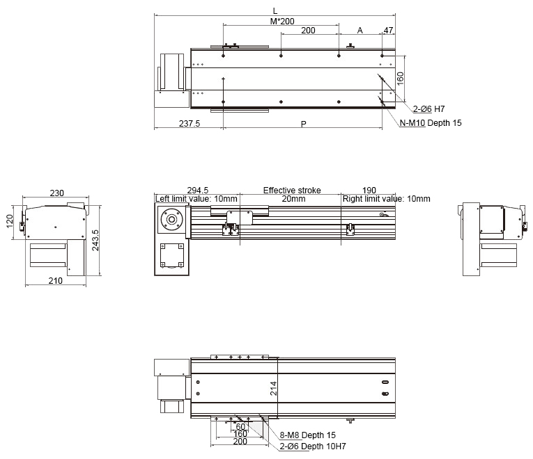 Dimensions of 750W 3050mm Belt Driven Linear Slide with motor Down to the Left