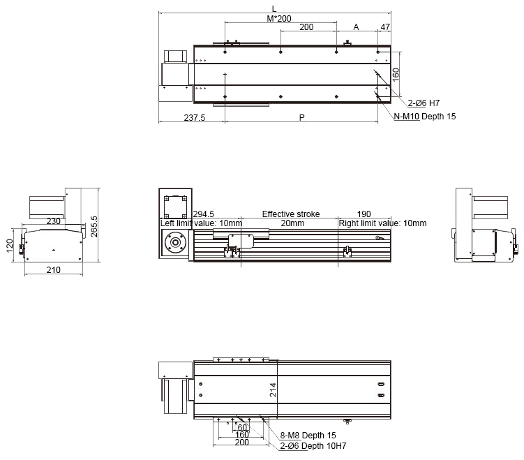 Dimensions of 750W 3050mm Belt Driven Linear Slide with motor on the Top Left