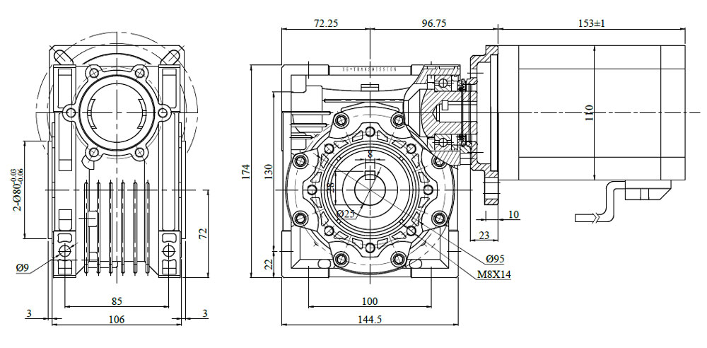 Dimensions of 750 W DC Worm Gear Motor
