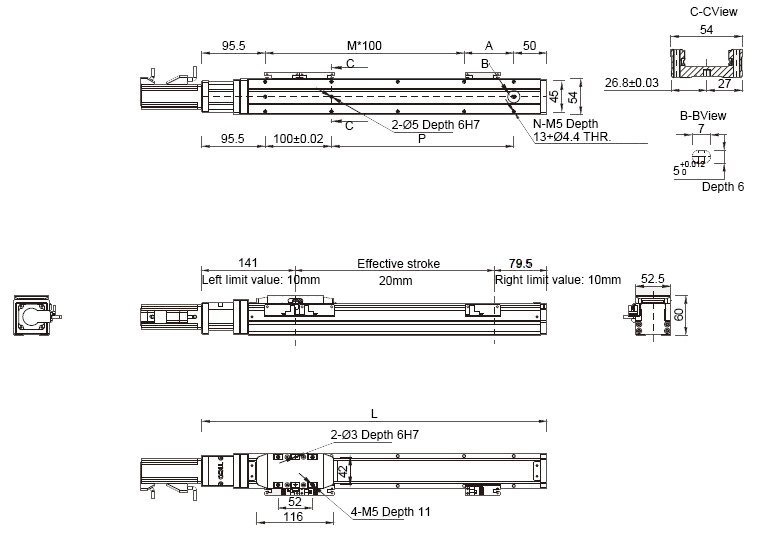 Dimensions of 800mm Ф12mm Ball Screw Driven Linear Slide with motor exposed