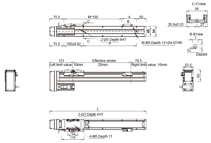 Dimensions of 800mm Ф12mm Ball Screw Driven Linear Slide with motor on bottom side