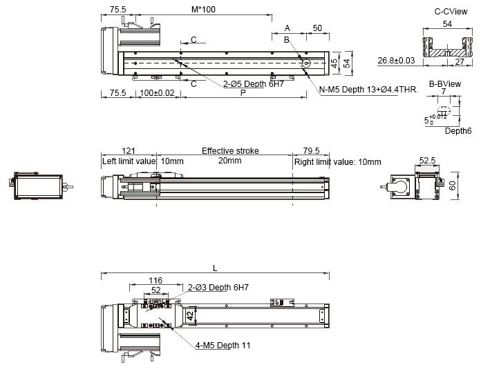 Dimensions of 800mm Ф12mm Ball Screw Driven Linear Slide with motor on left side