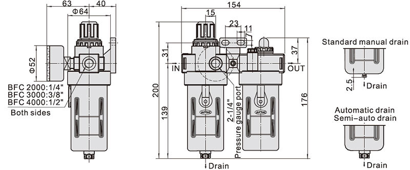 Dimensions of 1/2 inch Air Compressor Filter Regulator Lubricator