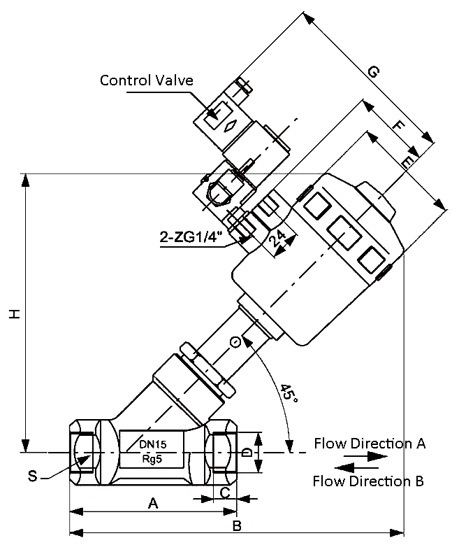 Dimensions of angle seat valve with plastic actuator