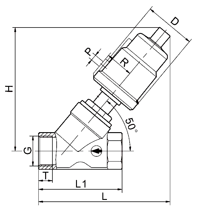Dimensions of angle seat valve with stainless steel actuator