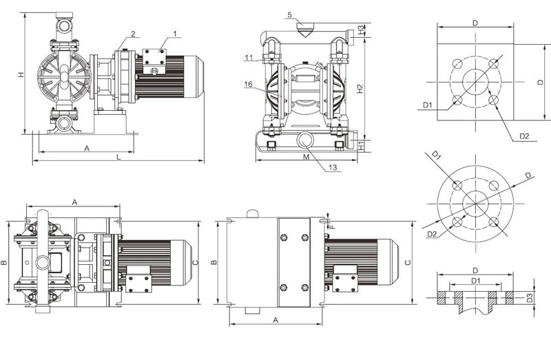 Dimensions of Electric Operated Double Diaphragm Pump with Motor