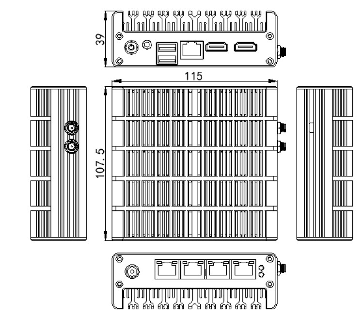 Dimensions of Mini Fanless Industrial PC, Celeron J3160, Linux/Win 7
