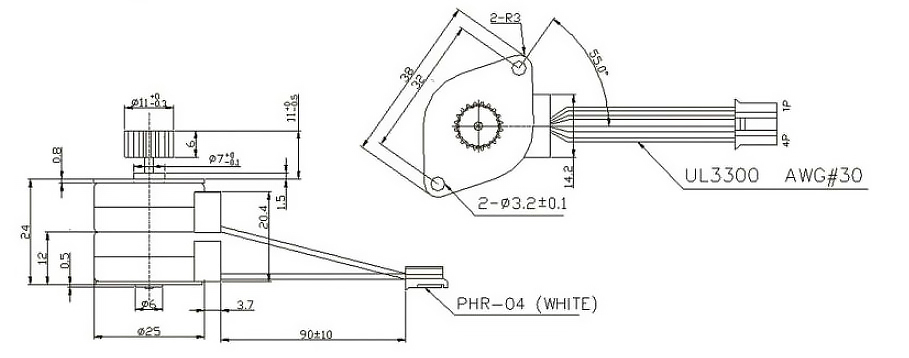 Dimensions of Nema 10 Micro Geared Stepper Motor, 24V, 0.35A, 15 Degree