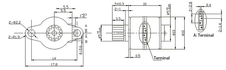 Dimensions of Nema 4 Micro Geared Stepper Motor, 5V, 0.27A, 2 Phase