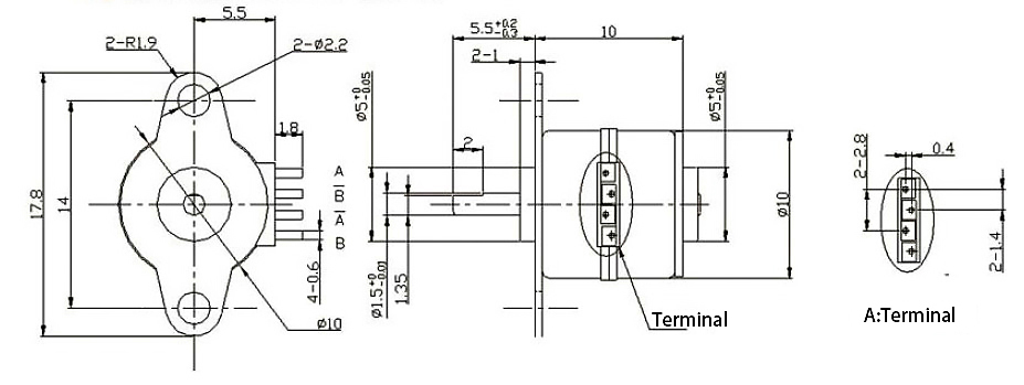 Dimensions of Nema 4 Micro Geared Stepper Motor, 5V, 0.33A, 2 Phase