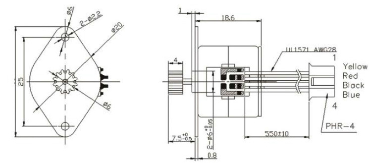 Dimensions of Nema 8 Micro Geared Stepper Motor, 24V, 0.3A, 2 Phase