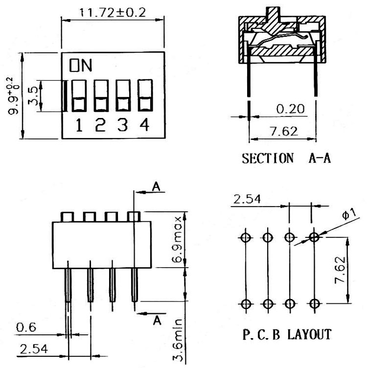 Dimensions of 12 Position 24 Pin SPST DIP Switch
