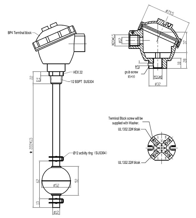 Dimensions of Stainless Steel Magnetic Float Level Sensor
