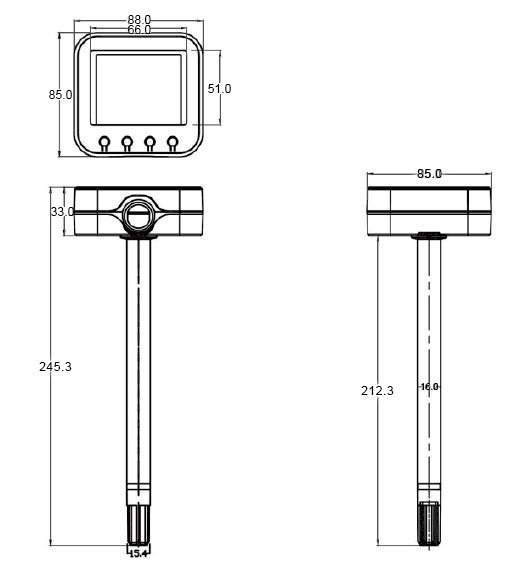 Dimensions of Temperature and Humidity Sensor Transmitter with Display Duct Mounted