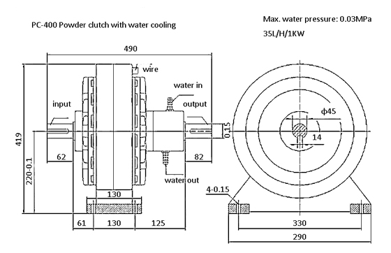Dimensions of water-cooled magnetic power clutch