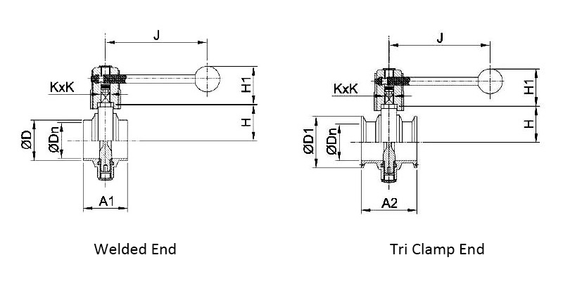 Dimensions of Welded End and Tri Clamp End Stainless Steel Sanitary Butterfly Valve