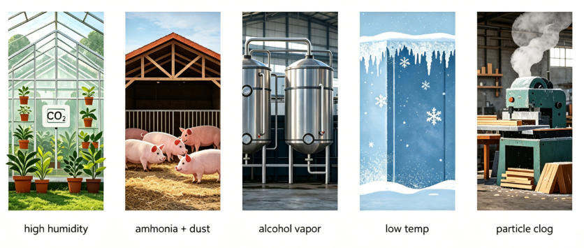 Five panels showing CO2 sensor usage environments: greenhouse, livestock barn, brewery, cold storage, and dusty workshop.