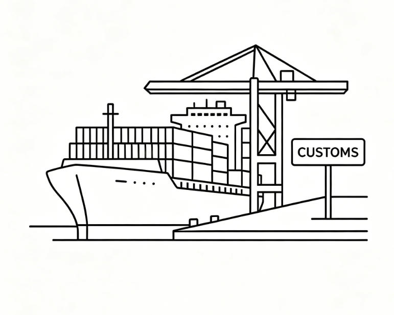 Container ship and customs sign. For direct international shipments over $800, formal entry fees (MPF, HMF, bond, broker) add about $200-300.