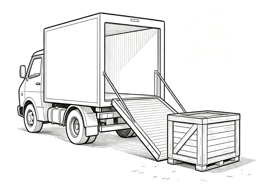 A delivery truck lowering a crate with a hydraulic liftgate. This service is essential when you don't have a forklift.