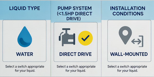 Guide to selecting float switches by liquid, pump, and installation.