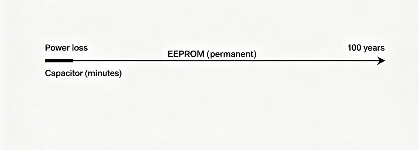 Capacitor-backed storage loses data within minutes; EEPROM/lithium battery retains data for 100+ years.