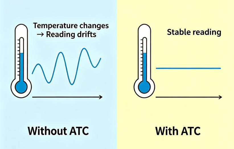 Without ATC, temperature variations cause reading drifts and misdiagnosis. With ATC, the reading stabilizes to the standard 25°C reference for accurate pH measurement.