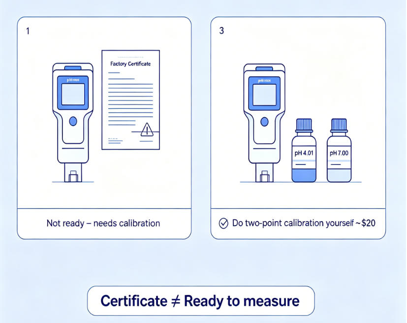 A factory certificate indicates conformity at shipment, but does NOT replace field calibration. Perform a two-point calibration with buffer solutions before the first use.