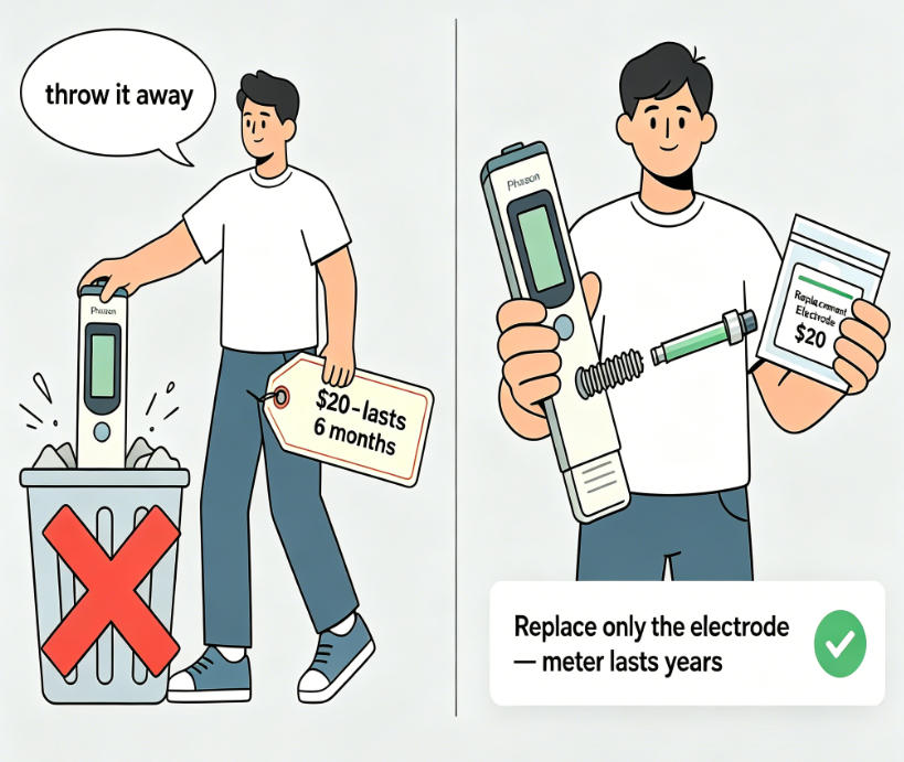 A $20 pen-style pH meter with a non-replaceable electrode becomes e-waste after 6 months. A durable meter with replaceable electrodes costs more upfront but lasts for years — only the $20 sensor needs replacement.