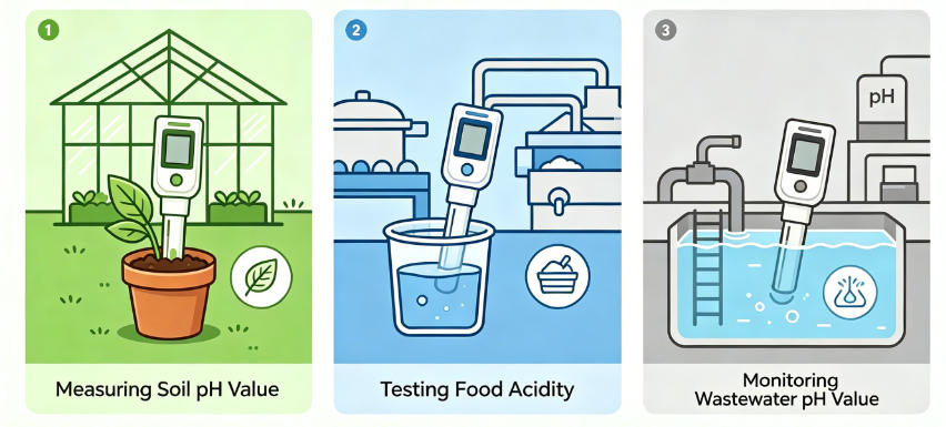 Common B2B pH measurement scenarios: testing soil nutrient pH for hydroponics, verifying food acidity in processing, and monitoring wastewater discharge quality.