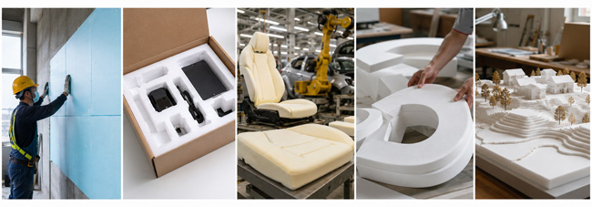 Foam cutter applications showing five industries including construction insulation, protective packaging, industrial manufacturing, advertising signage, and model making.