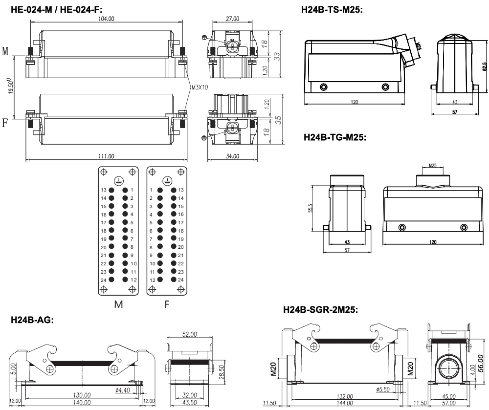 24 pin AC 500V/16A heavy duty connector dimension