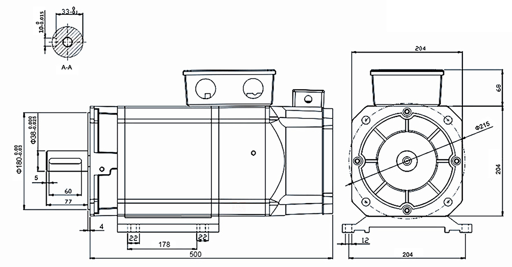 10 hp (7.5 kW) AC Servo Spindle Motor Installation Dimension, Horizontal