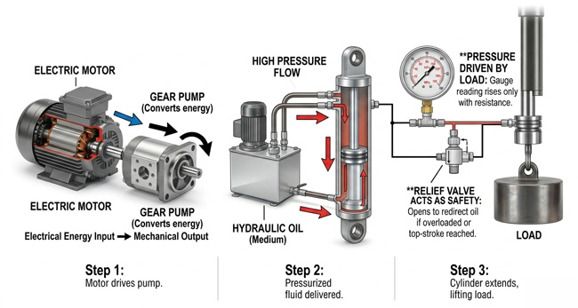 Working principle diagram of a hydraulic electric pump.