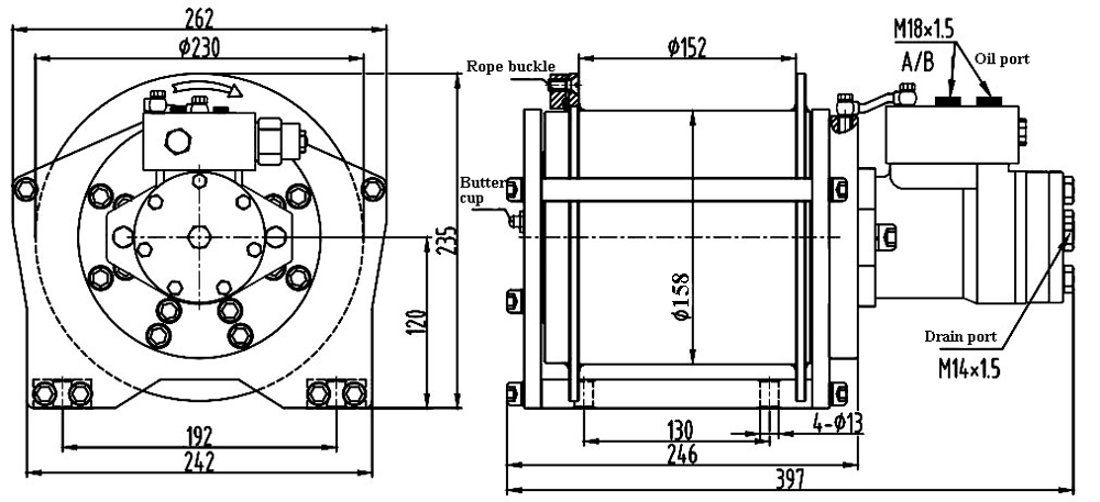 1000 lbs (0.5 ton) Hydraulic Winch Dimensions