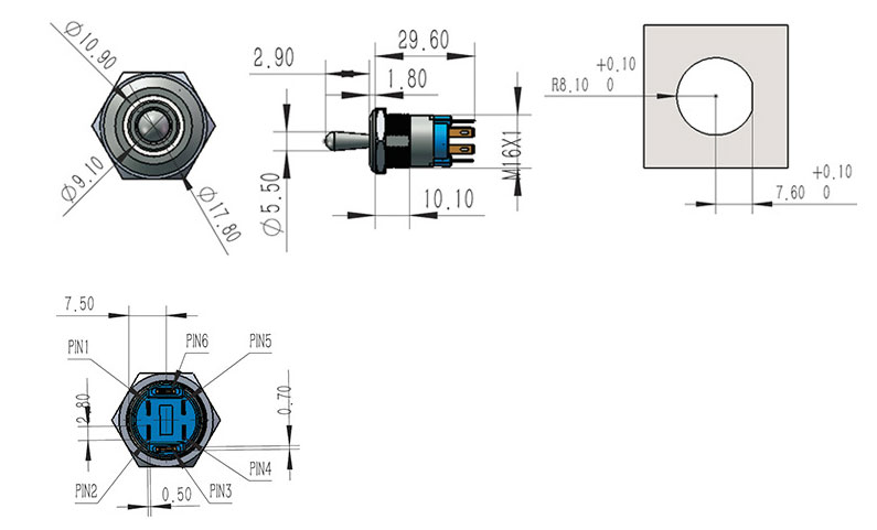 Lighted toggle switch dimension