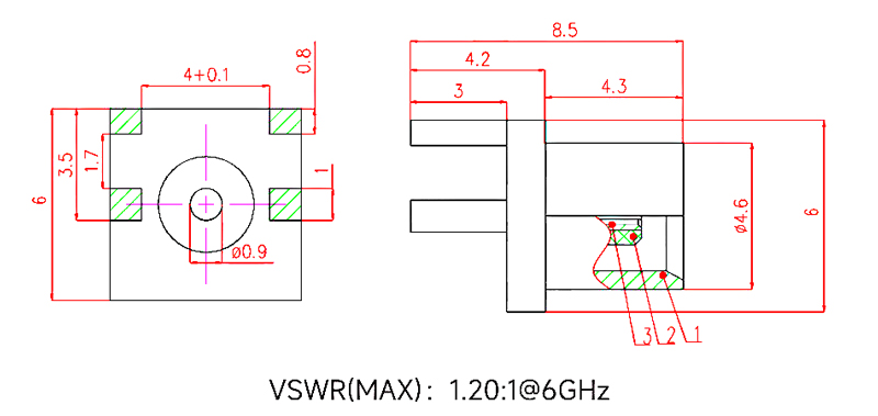 MCX female RF coaxial connector PCB edge mount dimension