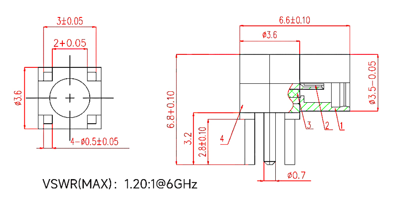 MMCX PCB right angle RF coaxial connector dimension