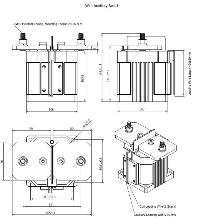 1000A high voltage DC contactor with auxiliary switch dimension
