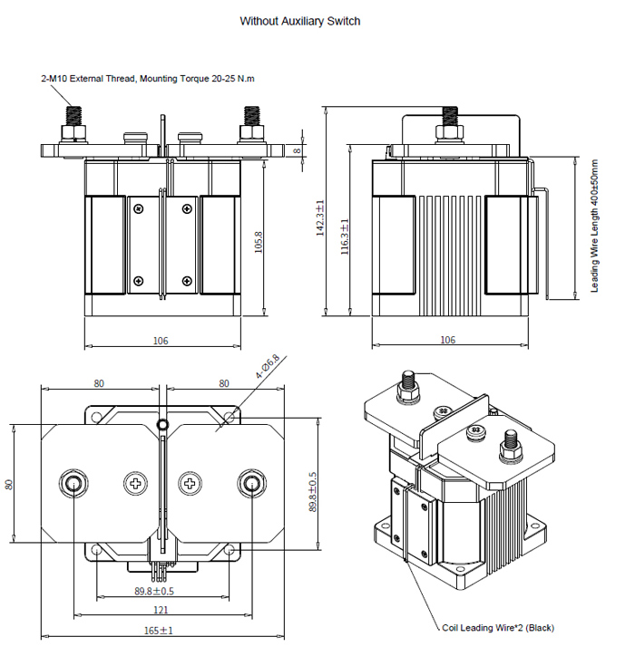 1000A high voltage DC contactor without auxiliary switch dimension