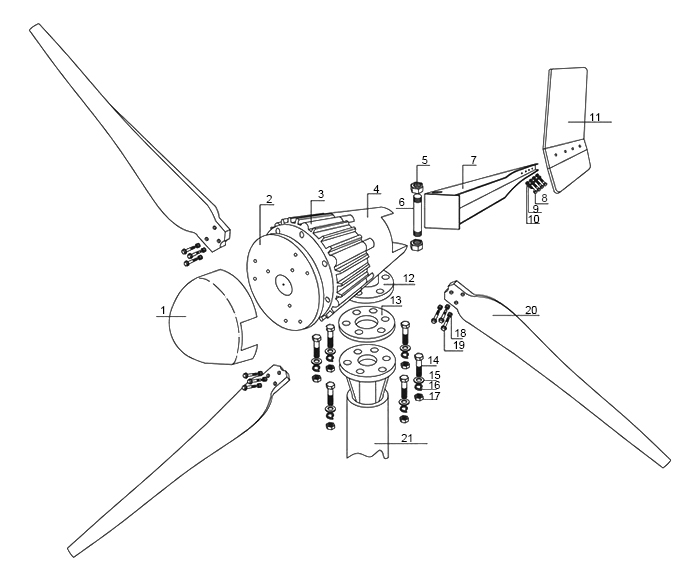 Exploded view of 2000w horizontal axis wind turbine